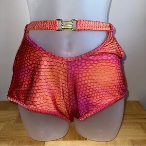 90s dead stock hey baby pink/orange snake skin open cut belted micro shorts Sz M